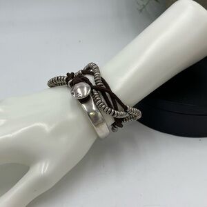 UNO de 50 Multi-Strand Brown Leather and Silver Tone Beaded Wrap Bracelet